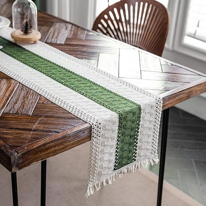 Macrame Table Runner Cream Beige and Green Boho Table Runners - Image 3