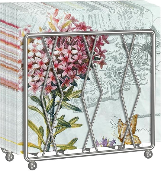 Napkin Holder for Table, Modern Metal Napkin Holders for Paper Napkins & Kitchen Dining & Countertops, Cocktail Upright Napkin Holder Dispenser Suitable for All Room Decors (Large, Silver)