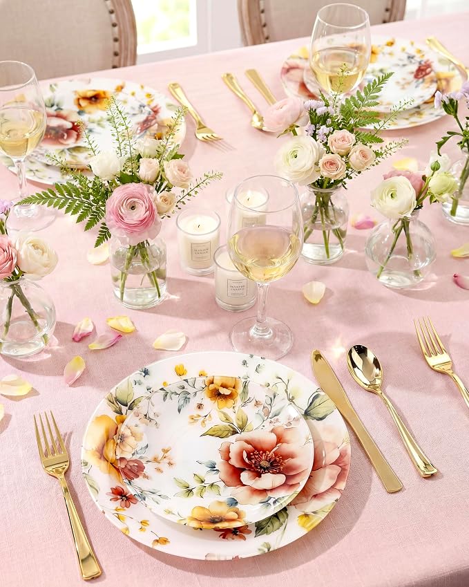 Morejoy 60pcs Floral Plastic Plates, Fancy Disposable Plates Sets | Heavy Duty - Image 8