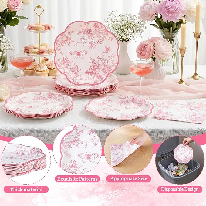 50 Pcs Pink Floral Plates and Napkins, Bridal Baby Showe - Image 3