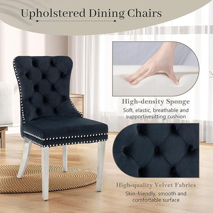 KCC Velvet Dining Chairs Set of 4, Upholstered High-end Tufted Dining Room Chair with Nailhead Back Ring Pull Trim Stainless Steel Legs, Contemporary Nikki Collection Modern Style for Kitchen, Black
