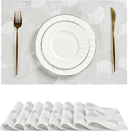 Leetaltree White Placemats Set of 8 - Heat Resistant Non-Slip Place mats for Dining Table, Washable Durable PVC Vinyl Woven Table Mats（White Circle,8）