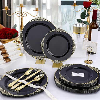 350 PCS Black and Gold Plastic Plates, Plastic Dinnerware Set for 50 Guests, 100 Disposable Plates, 150 Silverwares, 50 Cups, 50 Napkins for Party, Wedding, Graduation