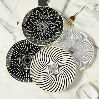 8 Inch Set of 4 Assorted Designs, Porcelain Plates With Patterns,Black Ceramic Dessert Plates, Dishware with Golden Rim for Sandwiches Salad Pasta, Microwave Oven Dishwasher Safe (A)