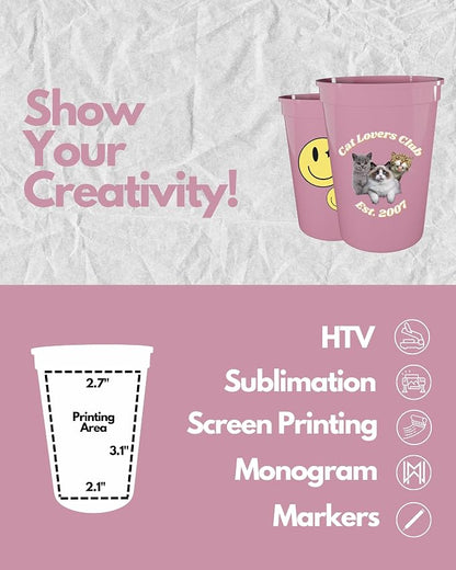 PartyPrints 10 Pack Small 10 to 12 oz Pink Reusable Blank Plastic Cups - Image 4