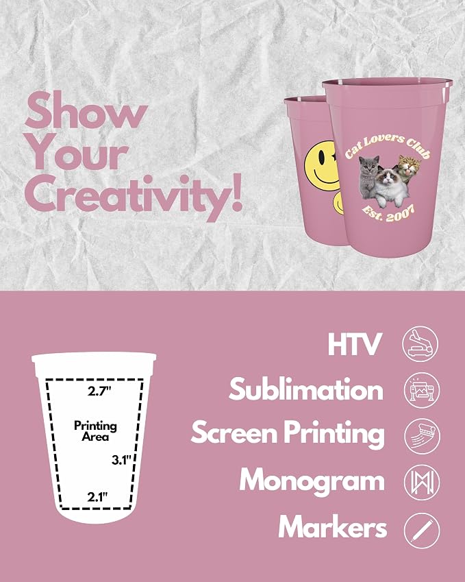 PartyPrints 100 Pack Small 10 to 12 oz Pink Reusable Blank Plastic Cups - Image 3