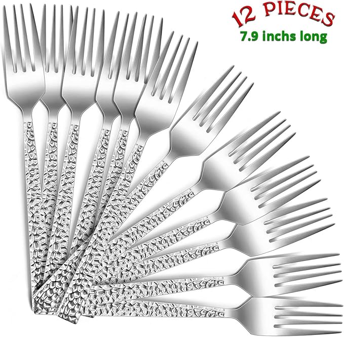 E-far Stainless Steel Dinner Forks Set of 12, Hammered Square Handle | 7.9Inch - Image 2