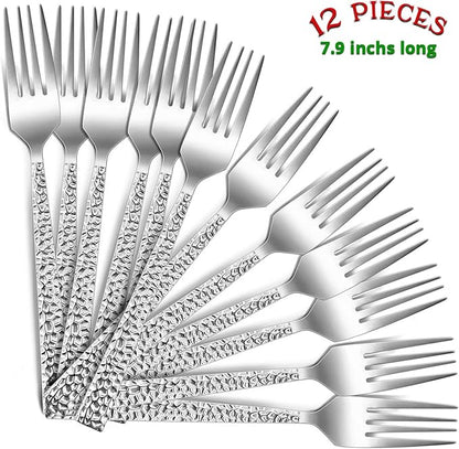 E-far Stainless Steel Dinner Forks Set of 12, Hammered Square Handle | 7.9Inch - Image 2