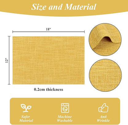SHACOS Washable Cloth Placemats Set of 6 Fabric Place Mats Non Slip Double Layered Thick Faux Linen Placemat Reversible Table Mats Home Wedding Table Decor, Yellow