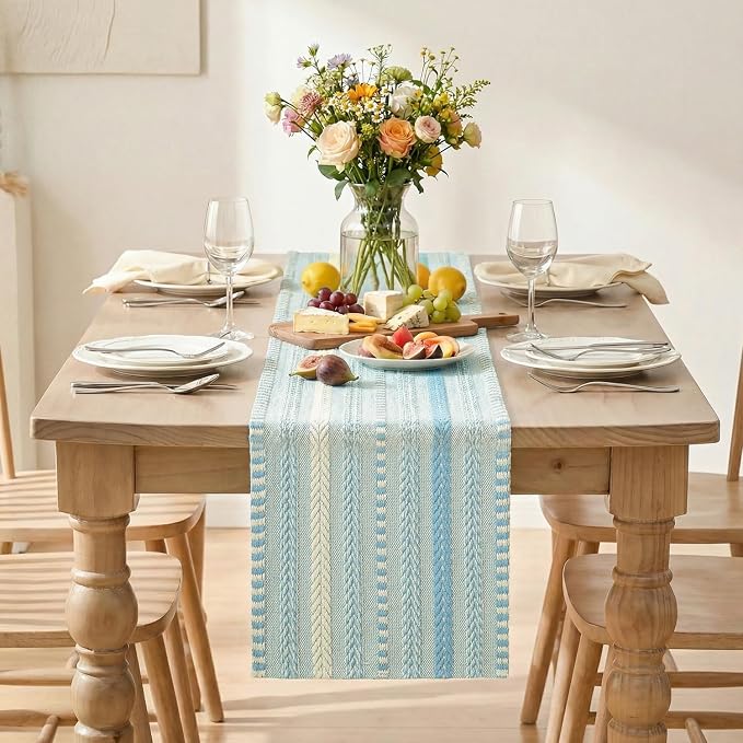 Artoid Mode Sky Blue Farmhouse Stripe Braided Table Runner 12x72 Inch | Holiday - Image 2