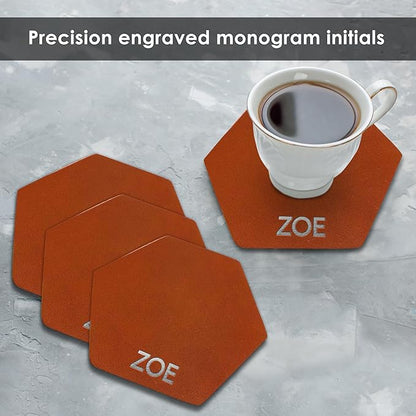 Northwind Personalized Leather Coasters – Set of 4 Full-Grain Leather 4” Hexagon Drink Coasters with Custom Engraved Monogram Initials – Stylish Home Décor for Weddings and Holidays