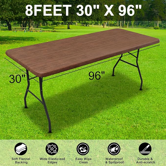 Smiry Rectangle Table Cloth Cover, Waterproof Elastic Fitted Picnic Tablecloth for 8 Foot Tables, Wipeable Flannel Backed Vinyl Tablecloths for Camping, Dining, Outdoor (Brown, 30" x 96")