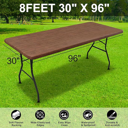 Smiry Rectangle Table Cloth Cover, Waterproof Elastic Fitted Picnic Tablecloth for 8 Foot Tables, Wipeable Flannel Backed Vinyl Tablecloths for Camping, Dining, Outdoor (Brown, 30" x 96")