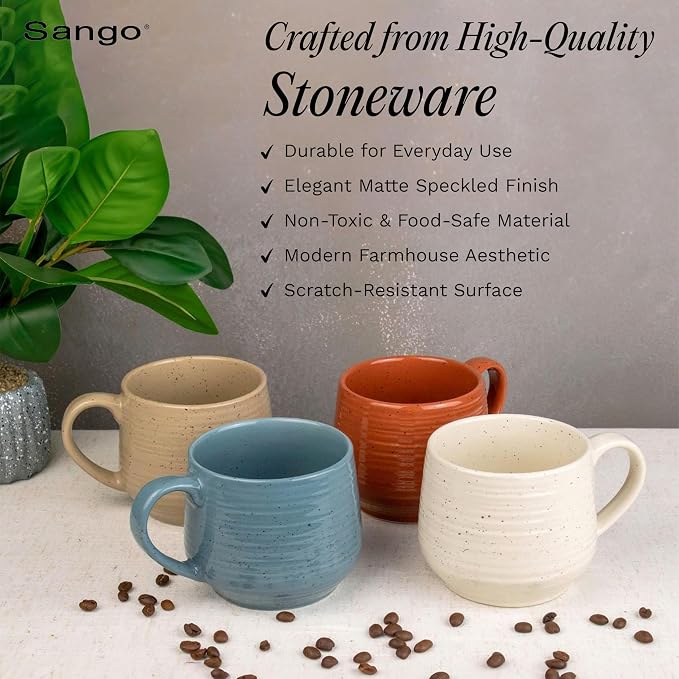 Sango 17.5 oz Stoneware Coffee Mugs Set of 4, Rustic Ceramic Mug - Image 4