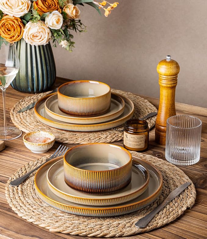 Ceramic Dinnerware Set for 8, 24-Piece Plates and Bowls Set | Lightweight - Image 6
