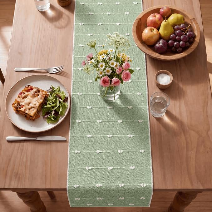 Artoid Mode Sage Green Farbic Rustic Cotton Woven Table Runner, Farmhouse - Image 4