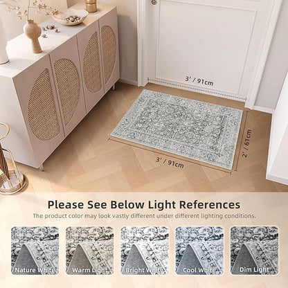 Deerly 2x3 Rugs Grey Small Area Rugs for Bedroom Living Room Bathroom Kitchen, Entry Rug Small Soft Rugs Low Pile Non-Slip Rubber Backing Oriental Door Mat