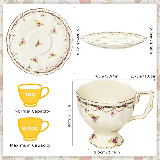 Tea Cups and Saucers Set, Porcelain Coffee Mugs, 8.4 OZ Vintage Coffee Cups - Image 2