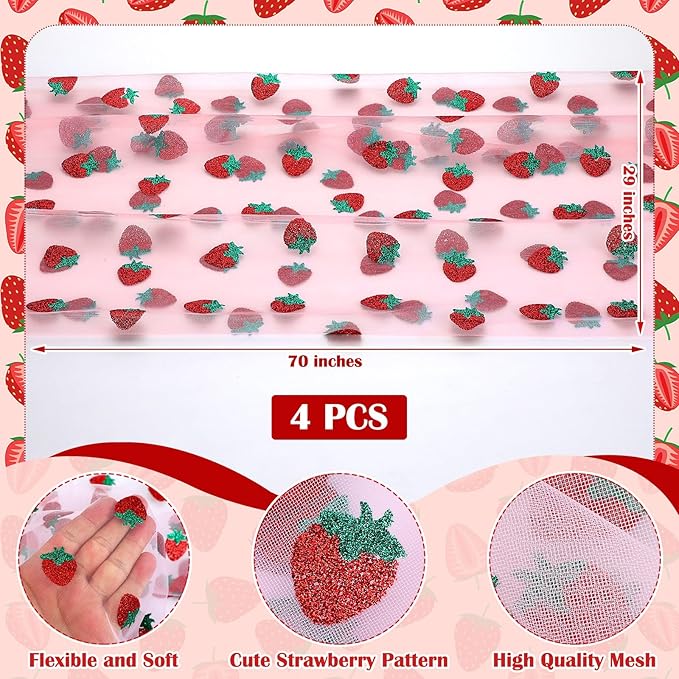 4 Pcs 29 X70 Inch Strawberry Shiny Glitter Tulle Table Cloth Pink Sheer Lace - Image 2