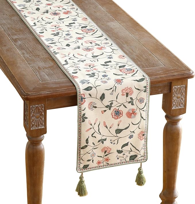 Designer Vintage Linen Long Table Runner, Floral Pattern, Dining Table by Isaennehomedecoration