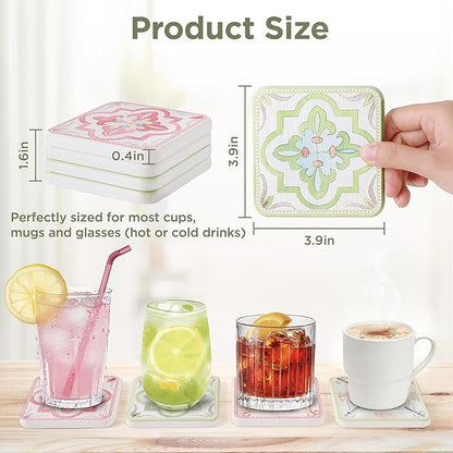 Coasters Set of 4, Square Drink Coasters Absorbent Heat Resistant Diatomite Coaster Cup Mats Vintage Home Decor for Coffee Table Desktop Protection (B, 3.9" x 3.9", 4pcs)