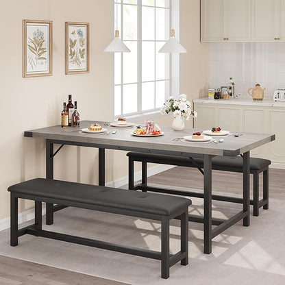 IDEALHOUSE 3-Piece Dining Table Set for 4-6 People, 63" Large Extendable Kitchen Table Set w 2 Soft Benches, Easy Assembly, Space Saving for Apartment, Small Space, Gray