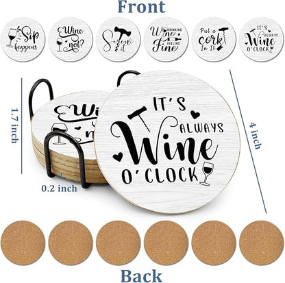Funny Sayings Cork Coasters for Drinks Absorbents with Holder 6 Pcs Gift Set,Wine Lovers Gifts,Unique Present for Housewarming,Living Room Decor,Kitchen Decor Accessories.