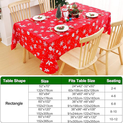 Smiry Christmas Rectangle Table Cloth, Waterproof Vinyl Tablecloth with Flannel Backing, Wipeable Bell & Snowflake Plastic Tablecloths for Christmas Table Decorations, (52"x70", White & Red)