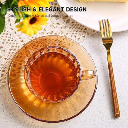 Glass Tea Cups and Saucers Set of 6, Glass Coffee Mugs - Image 3