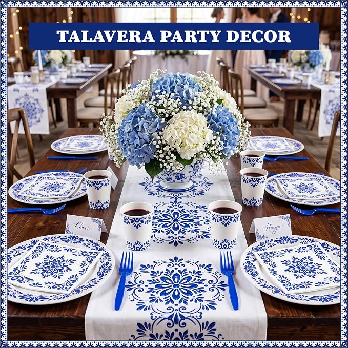 96 Pcs Cielito Lindo Party Supplies De Barro Mexican Talavera Blue Party Plates - Image 5