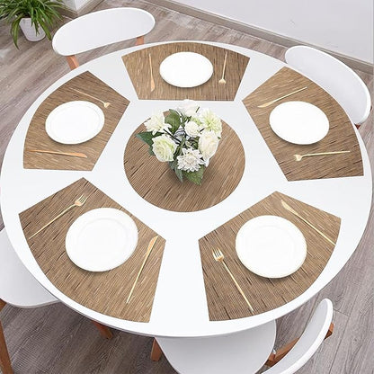 SHACOS Small Round Table Placemats Set of 5 Woven Vinyl Wedge Placemats with Centerpiece Round Table Mats Heat Resistant Wipe Clean (5, Tan)