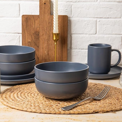 12-Piece Stoneware Dinnerware Set with Mugs | Microwave and Dishwasher Friendly | Stackable Matte Glaze Plates & Bowls | Service for 3 (Blue for 4)