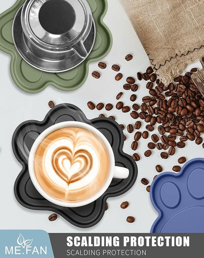 ME.FAN Silicone Coasters 6 Pack Paw Cup Mat with Holder, Dog Cat Paw Shape, for Hot or Cold Drink, Non-Slip, Non-Stick, Room Decor, Housewarming Deep Grey
