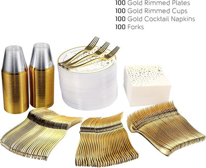 The Essential Concierge Stylish 7.5 Inch Gold Dessert Plates with Disposable Cups, Forks and Cocktail Napkins (100 Set) - White and Gold Plastic Dessert and Cake Plates for Wedding or Receptions