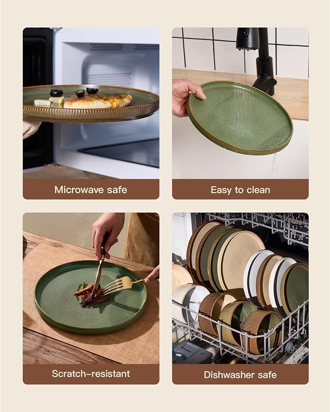 Stoneware Dinnerware Set for 4, Reactive Glaze, Moss Green | 12-Piece Everyday - Image 6