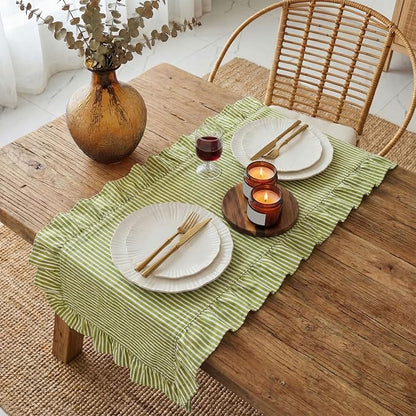 HunnmingRe Ruffle Trim Boho Table Runner Farmhouse Rustic Stripes Scalloped - Image 4