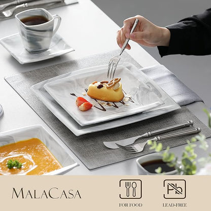 MALACASA Dinnerware Sets, 30 Piece Porcelain Plates and Bowls Sets for 6, Square Dish Set with Dinner Plates Set, Cup and Saucer, Modern Dishware Dishes Microwave Safe, Marble Grey, Series Blance