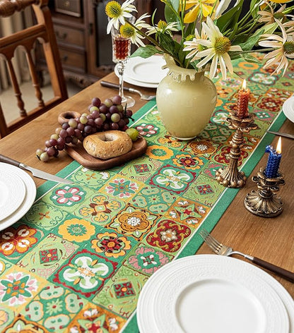 13×72 Inch Table Runner, Retro-Luxury Tassels Series for Kitchen Dining Table Holiday Decoration (Ethnic Green)