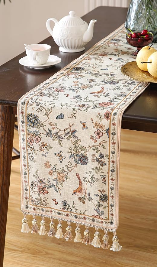 Designer French Linen Extra Long Table Runner, Floral Bird Pattern, Dining Table - Image 9