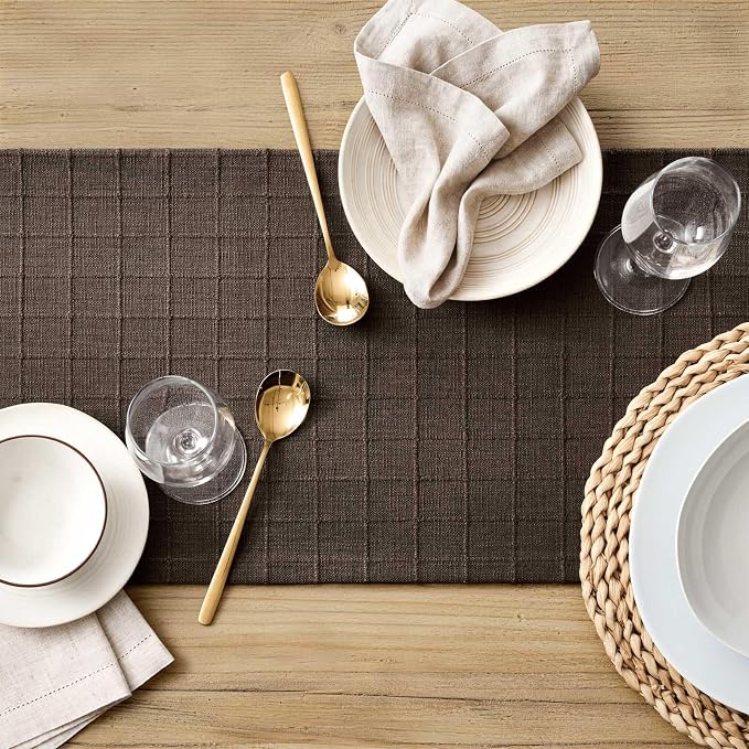 Artisanal Grid Linen Table Runner, 13x48 Inches Chocolate | Heavy Textured - Image 5