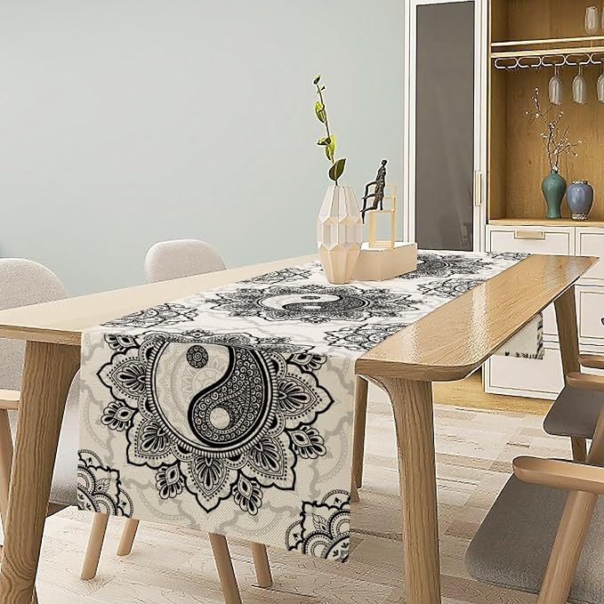 Yin Yang Table Runner, Bohemian Mandala Vintage Black White Traditional - Image 2