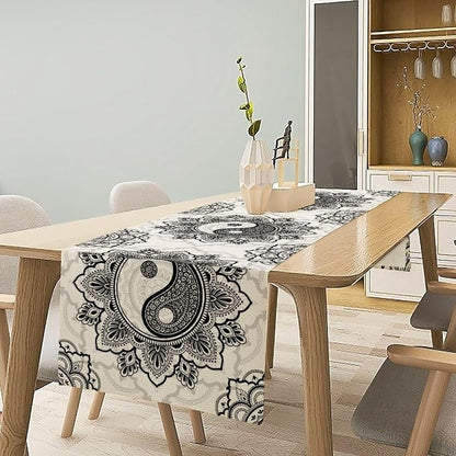 Yin Yang Table Runner, Bohemian Mandala Vintage Black White Traditional - Image 2