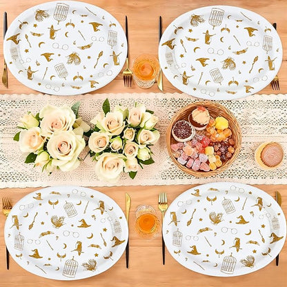 50Pcs Magical Oval Paper Plates 10" x 12" Large Disposable Heavy Duty Golden Wizard Theme Paper Platters Fantasy Magic Dessert Plates for Boy Girl Magical Wizard Themed Birthday Party Supplies