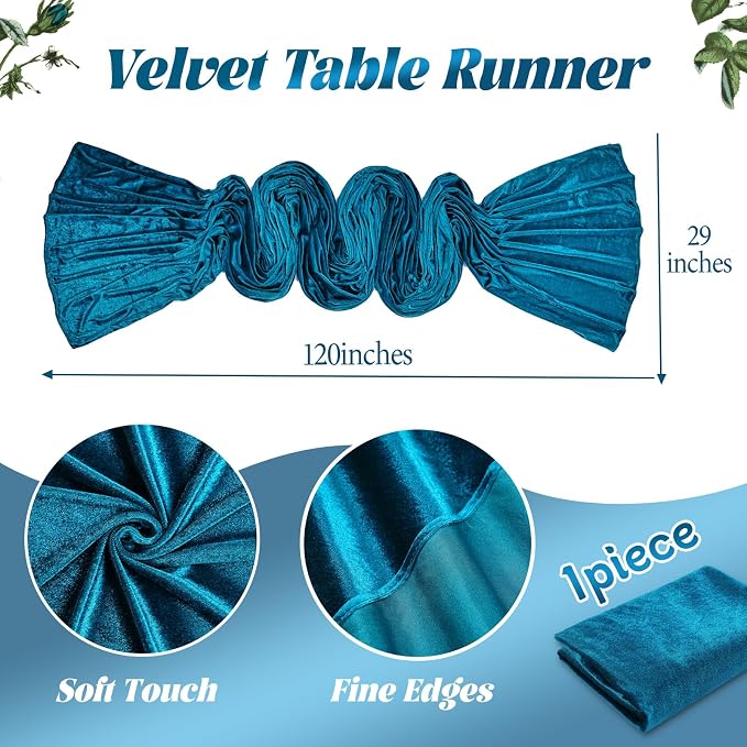 Peacock Blue Velvet Table Runner 29x120 Inch Luxury Retro Thick Runners | 10ft - Image 5