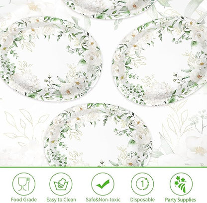 50PCS White Floral Oval Paper Plates 10"X12" Eucalyptus Flower Plates Disposable Heavy Duty Green Leaves White Flowers Tablewre Spring Blossom Flowers Dinnerware for Wedding Birthday Bridal Shower