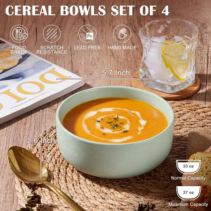 E-far Cereal Bowls Set of 4, 27oz Ceramic Deep Soup Bowls - Image 2