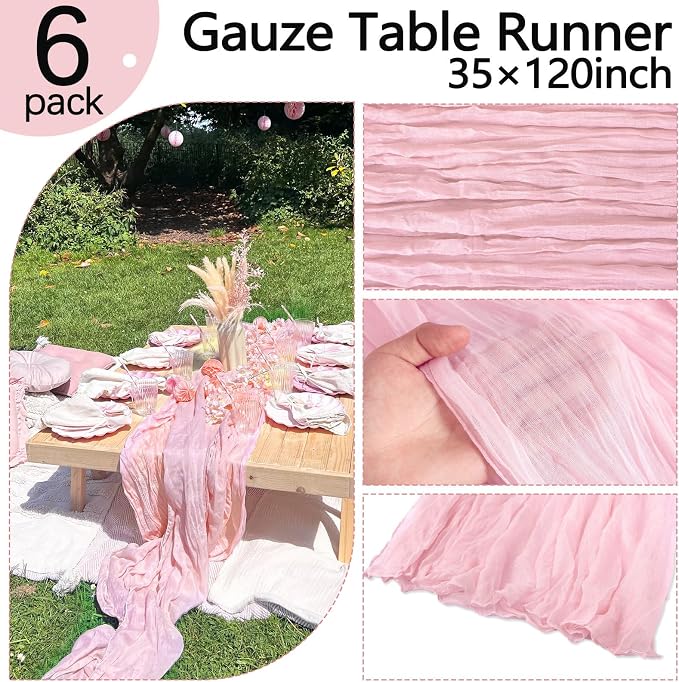6 Pack Pink Cheesecloth Table Runner 35 x 120 Inch | Boho Gauze Fabric - Image 3