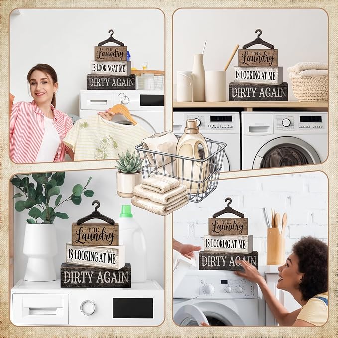 Moucuny 4 Pcs Farmhouse Laundry Room Decor and Accessories Stacked Blocks The - Image 5