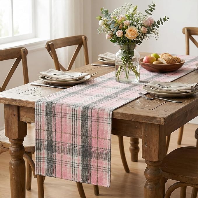 Artoid Mode Pink Grey Farmhouse Plaid Spring Table Runner, Winter Rustic - Image 5