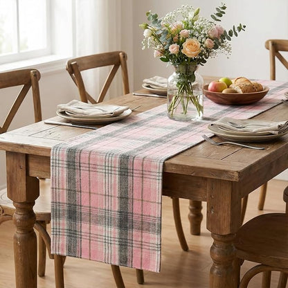 Artoid Mode Pink Grey Farmhouse Plaid Spring Table Runner, Winter Rustic - Image 5